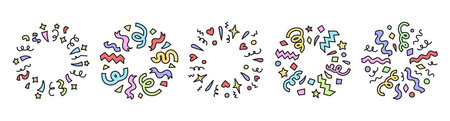 Radial hand drawn confetti. Celebration burst borders, doodle confetti explosion frames, round fireworks wreaths with colorful streamers, stars, hearts and geometric shapes. Festive circles vector setのイラスト素材