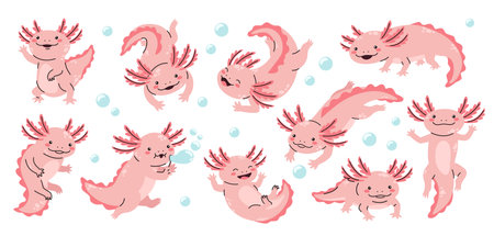 Cartoon baby axolotl. Cute pink axolotl characters, funny Mexican salamander and adorable smiling amphibian pets swimming, waving and playing underwater with bubbles. Kawaii animal vector setのイラスト素材