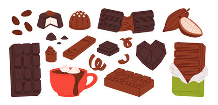 Cocoa chocolate. Assorted chocolate products, candy and cocoa ingredients. Dark and milk bars, pralines, cocoa beans, hot chocolate mug with marshmallows, shavings. Sweet food cartoon vector setのイラスト素材