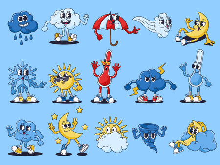 Retro cartoon weather characters. Groovy forecast mascots, vintage 30s animation style weather symbols. Funny cloud, sun, moon, snow, wind, thermometer, storm, tornado character vector setのイラスト素材