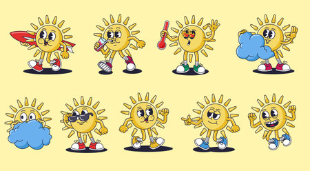 Retro cartoon sun characters. Summer mascot, groovy smiling sunshine character, hot weather and surfer sun 30s rubber hose animation style vector illustration setのイラスト素材