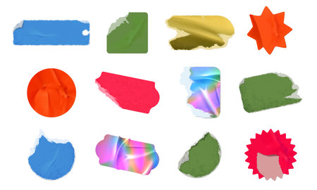Ripped stickers. Old crumpled paper tags with torn worn out edges, textured distressed label sticker shapes and adhesive price tag isolated realistic vector setのイラスト素材
