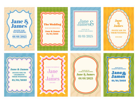 Wavy framed wedding invitation cards. Bridal invite templates with couple names, event dates, and celebratory messages with curly frame borders and pattern backgrounds vector setのイラスト素材