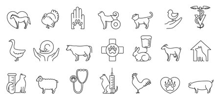Linear veterinary icons. Animal care and hospital, continuous one line pet health services, stethoscope with paw and veterinary clinic isolated vector illustrations setのイラスト素材