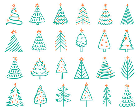 Hand drawn christmas tree. Festive winter holiday tree doodles with decorative stars and ribbon bows. Abstract Xmas ornament, minimalist isolated vector illustrations setのイラスト素材