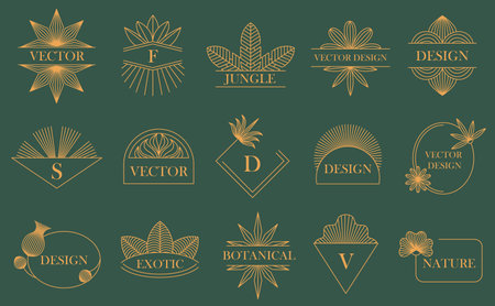 Linear boho floral emblem frames. Geometric label borders, luxury minimalist botanical designs with elegant leaves and flowers. Nature inspired badge templates vector set with editable stroke pathのイラスト素材