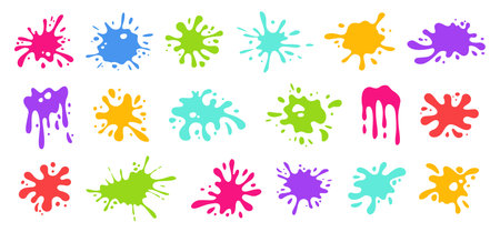 Organic paint splatter shapes. Ink blobs, hand drawn splat and soft liquid amorphous silhouettes. Colorful dynamic splash with droplets visual effects isolated vector setのイラスト素材