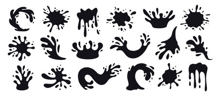 Water splash shapes with droplets. Ink splatter silhouette, paint spill, flowing fluid and liquid blots. Dynamic burst splashes hand drawn isolated vector setのイラスト素材