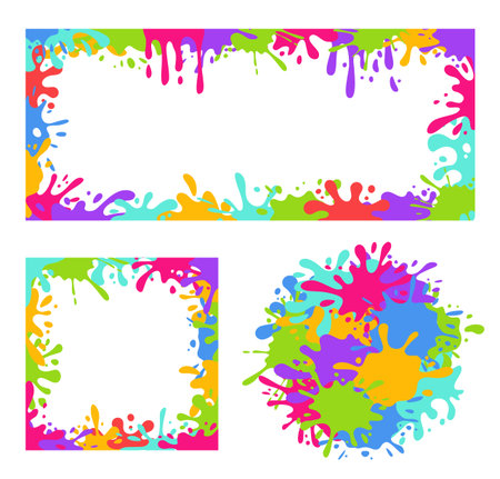 Colorful paint splash frames. Vibrant borders with multicolored splashes, dripping blot and liquid splatter. Creative splash backgrounds for banner, card and print designs vector setのイラスト素材