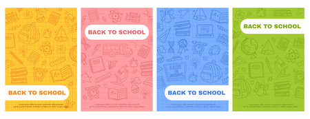 School posters. Hand drawn Back to school backgrounds with educational doodles like books, backpacks and microscopes. School supplies pattern print designs vector setのイラスト素材