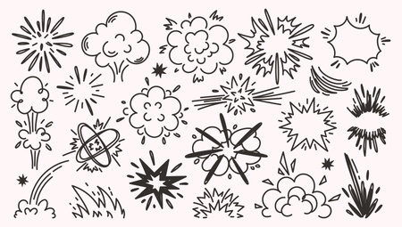 Doodle comic boom effect. Cartoon explosion clouds, hand drawn burst and sketch energy blast explosions. Comics style bang, fire and smoke visual impacts isolated vector setのイラスト素材