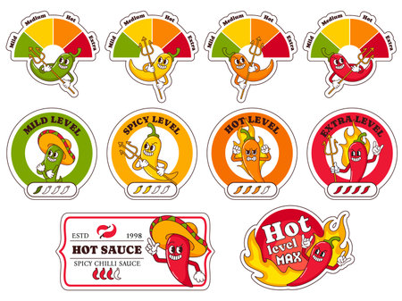 Spice level labels. Chili peppers heat indicators with mild, spicy, hot and extra levels, spicy sauce label with cartoon pepper mascot. isolated vector templates setのイラスト素材