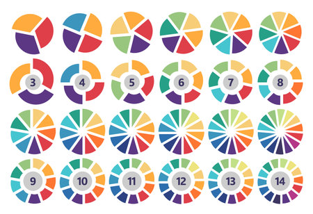 Divided circle slice diagram. Segmented color wheels, circular pie chart and segmented donut diagrams for infographics, data visualization and business presentation. Segment divisions vector setのイラスト素材