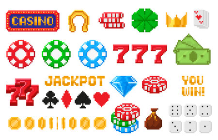 Pixel art gambling icons. Pixelated casino poker chips, 8 bit dice, lucky clover and horseshoe, golden coins and crown slot machine elements, you win and jackpot signs vector setのイラスト素材