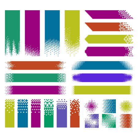 Pixel art banners. Pixelated halftone stripes with pixel dissolve gradient edges, geometric glitch abstract backgrounds and retro digital fading banners vector setのイラスト素材