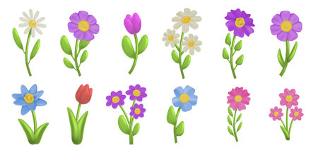 Blooming 3D flowers. Cartoon clay bouquet, spring garden flower blossom with green leaves. Colorful plasticine tulip and daisy, cute plastic summer plants. Vector isolated setのイラスト素材