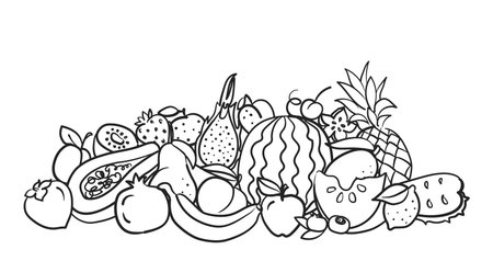 Doodle fruits pile. Hand drawn pineapple, watermelon and banana, apple and lemon, pear and peach, pomegranate and dragon, persimmon and cherry. Sketch tropic fruit vector setのイラスト素材