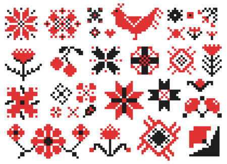 Ukrainian embroidery elements. Ethnic folk geometric patterns in floral and bird motif, vintage Ukrainian traditional ornament, decorative stitch flowers. Vector isolated setのイラスト素材