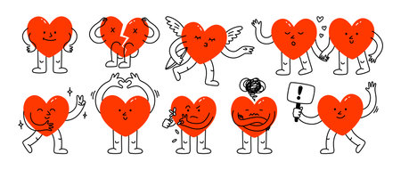 Doodle heart character. Cartoon hearts with face, cute valentines love symbols with broken heart and heart with wings, comic hand drawn doodle characters and romantic illustration vector setのイラスト素材