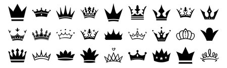 Crown icon. King, queen or princess crowns, luxury diadem vector silhouette. Black vintage tiara and imperial emblem, simple line symbol set. Authority decoration and classic monarch signsのイラスト素材