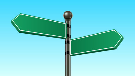 Realistic 3d road sign. Signage for street traffic with pole and green arrows. Vector illustration for highway travel and directional guidance with blank board. Navigation template, city pointerのイラスト素材