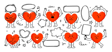 Doodle frames with heart mascot. Cartoon heart characters with speech bubble, hand drawn love symbols and message boxes, cute hearts mascots with quotation and thinking clouds vector setのイラスト素材