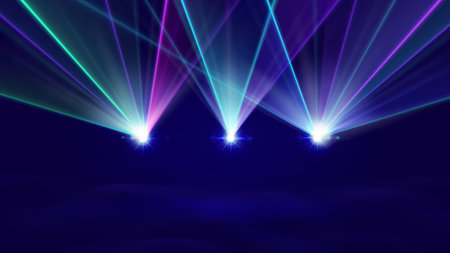 Laser light show with blue beam and stage background for concert or dj and disco event. Vector effect neon spotlight and music technology for club and nightlife poster. Rays bright scanner designのイラスト素材
