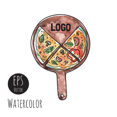 Pizza on the board, vector and watercolor illustration. You can add your logo.のイラスト素材