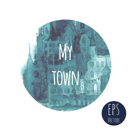 Watercolor vector print with town.のイラスト素材