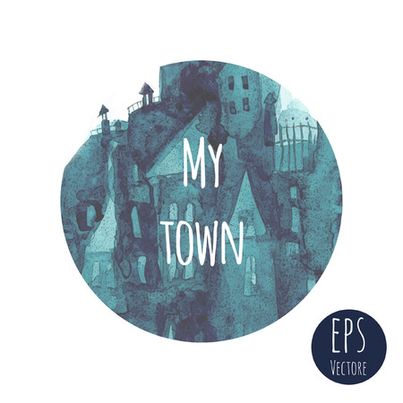 Watercolor vector print with town.のイラスト素材