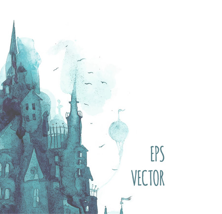 Watercolor vector print with town.のイラスト素材