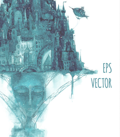 Watercolor vector print with town.のイラスト素材