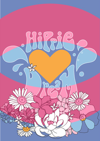 Vector illustration with flowers,  leaves and hippie lettering in pastel colors.のイラスト素材