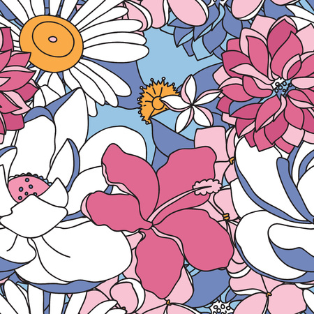 Vector seamless pattern with flowers and  leaves in pastel colors.のイラスト素材