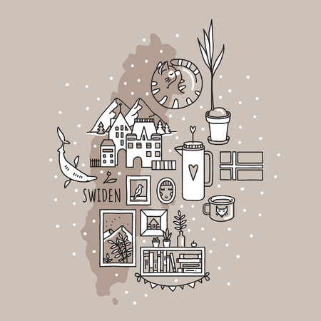 Swiden doodle set. Landmarks, traditional symbols of Scandinavian culture - snow, mountains, cozy home, hygge. Flag and map of the country. Vector.のイラスト素材