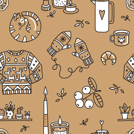 A Vector seamless pattern with Hygge concept and cozy home things like candles, gloves, sweater, tea, cat, pastries, houseplants. Danish living concept. Greeting card template, hand drawn style.のイラスト素材