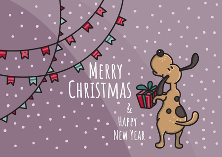 Christmas and New Year holiday greeting card, horizontal. Hand drawn doodle vector illustration with cute dog, gift, flags and snow. For winter posters, tags, invitations, labels, social media posts and scrapbooks.のイラスト素材