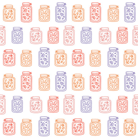 Vector seamless pattern with pickles, jam and cans. Handmade style, doodle.のイラスト素材