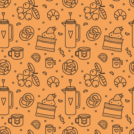 A Seamless pattern with bakery products, dessert, tea, coffee. Hand drawn vector illustration. Can be used for poster, fabric, wrapping paper, banner, menu and other design.のイラスト素材