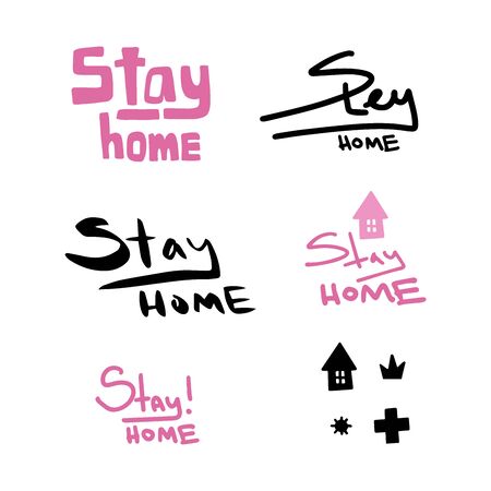 Stay home vector illustration. Handwritten lettering. Friendly and motivational poster. Quarantine or self-isolation. Health care concept. Fears of getting coronavirus. Global viral epidemic.  のイラスト素材