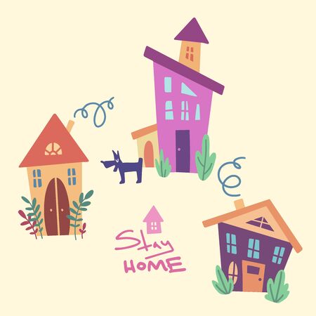 Cute house vector illustration. Stay home handwritten lettering. Quarantine or self-isolation. Health care concept. Fears of getting coronavirus. Global viral epidemic or pandemic.  のイラスト素材