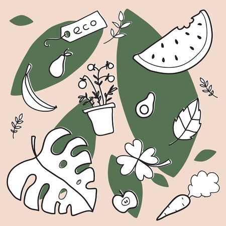 Hand drawn vector illustration of a set of ecology concepts, designs, and icons in doodle style. Zero waste, recycle, eco friendly tools, environment protection.のイラスト素材