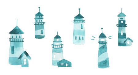 Watercolor hand drawn Illustration with set of  lighthouses isolated on white background. Marine theme. Sample element for wallpaper, packing, textile.の写真素材