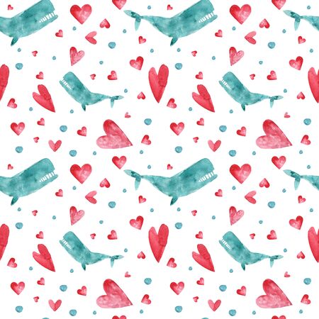 Watercolor hand drawn seamless pattern with whale, bubbles and hearts, isolated on white background....