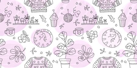Vector seamless pattern with Hygge concept and cozy home things like sweater, tea, cat,  houseplants. Danish living concept. Hand drawn style, line, Watercolor effect.のイラスト素材