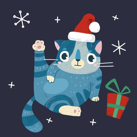 Christmas and New Year holiday stock illustration with cute cat and snow. Hand drawn  style.  For greeting card, winter posters, tags, invitations, labels, social media posts and scrapbooks.のイラスト素材