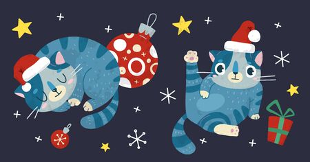Christmas and New Year holiday stock illustration with cute cat and snow. Hand drawn  style.  For greeting card, winter posters, tags, invitations, labels, social media posts and scrapbooks.のイラスト素材
