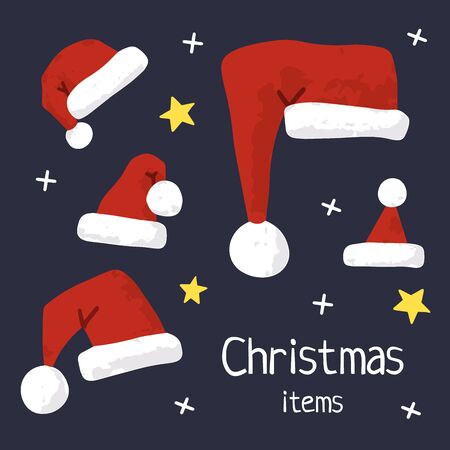 Christmas and New Year holiday vector stock illustration with Christmas stuff - santa hats set. Hand drawn  style.  For greeting card, winter posters, tags, invitations, labels, social media posts.のイラスト素材