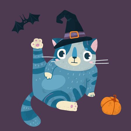 Halloween  stock illustration with cute cat in a witch hat, bats and pumpkin. Hand drawn style. For party decoration, posters, invitations, labels, social media posts.のイラスト素材