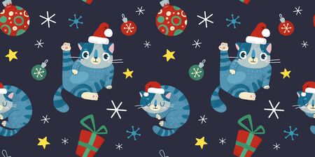 Christmas and New Year holiday seamless pattern with cute cat. Hand drawn  style.  For for wrapping paper, background, textile, social media posts.のイラスト素材